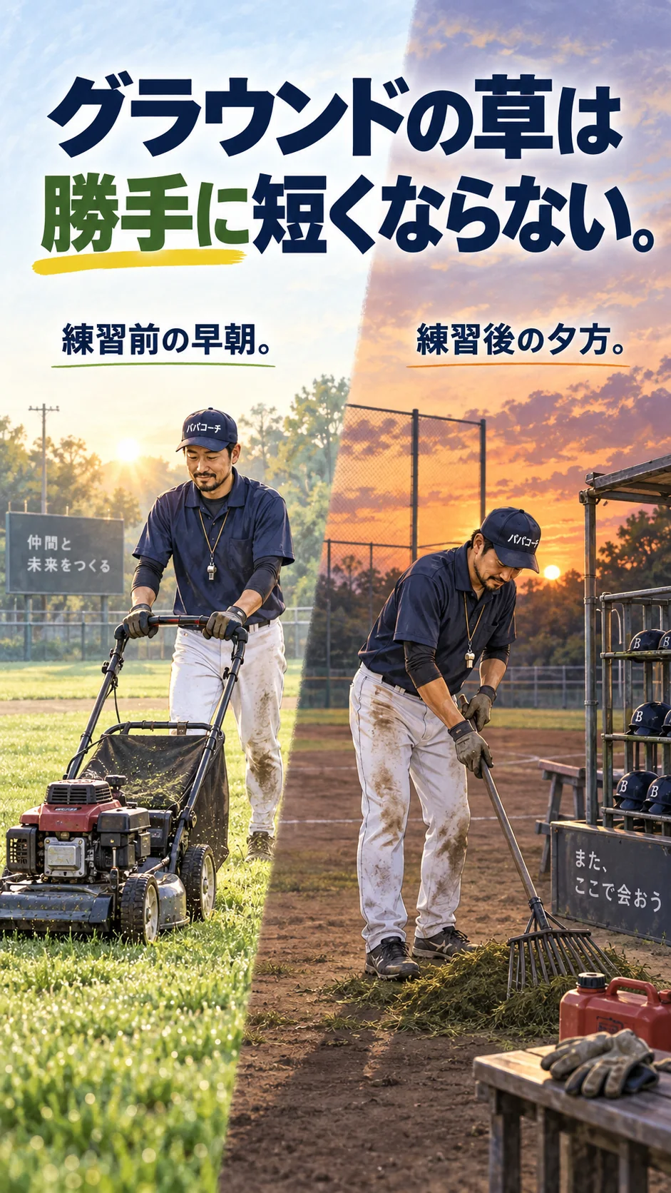 練習前の草刈りと練習後の集草を行う大人たち