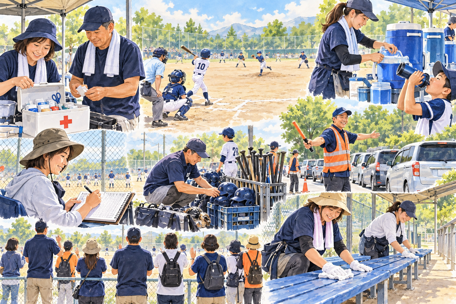 救護・給水・スコア・配車・道具管理など少年野球の見えない裏方仕事を描いた水彩イラスト