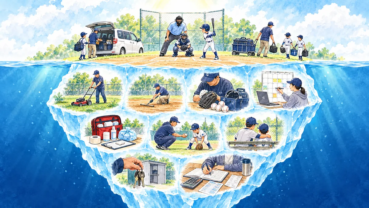 試合当日の下に隠れた少年野球の裏方仕事を示す氷山図解