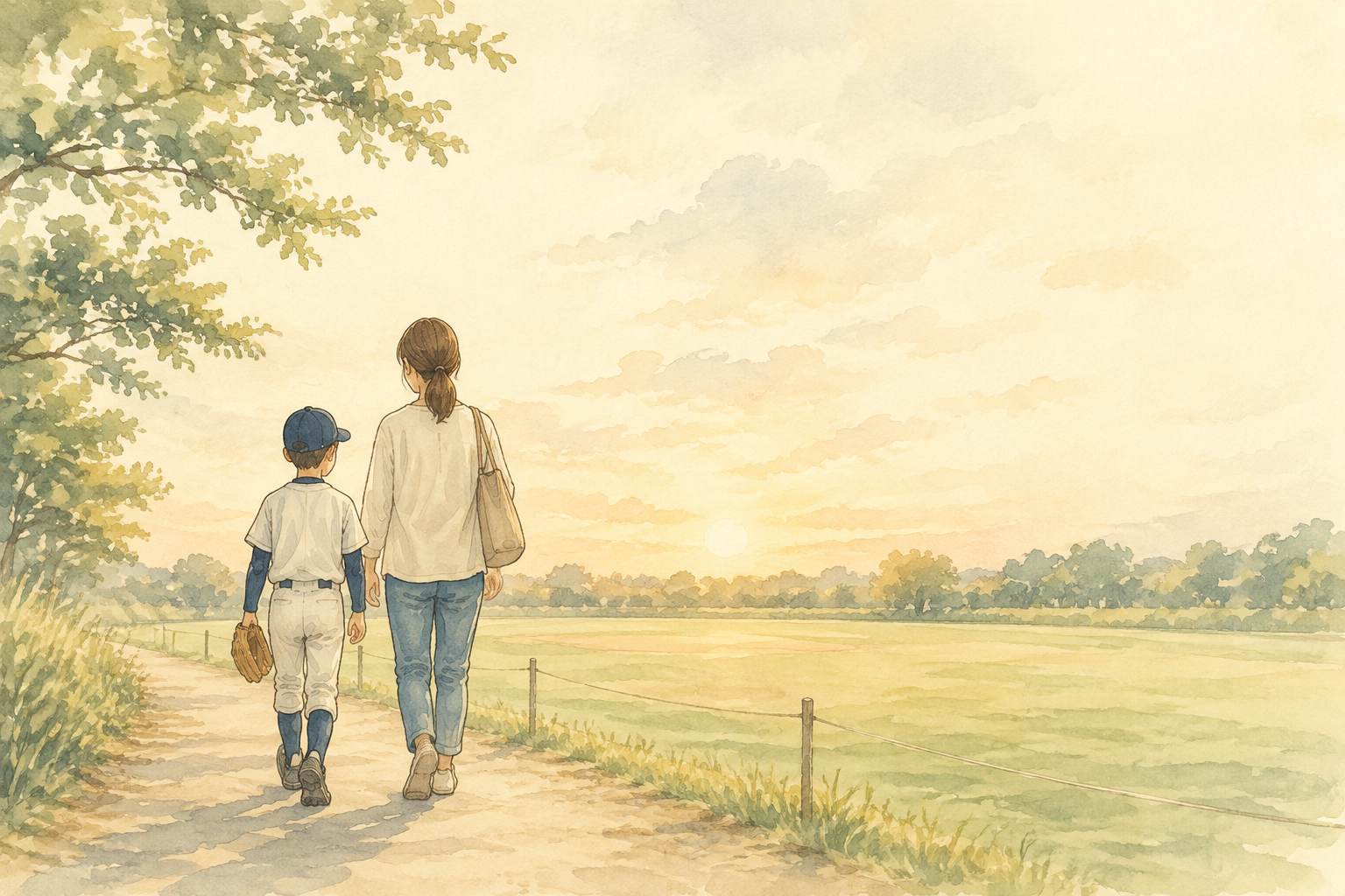 夕方の野球場沿いを親子で歩くイメージ
