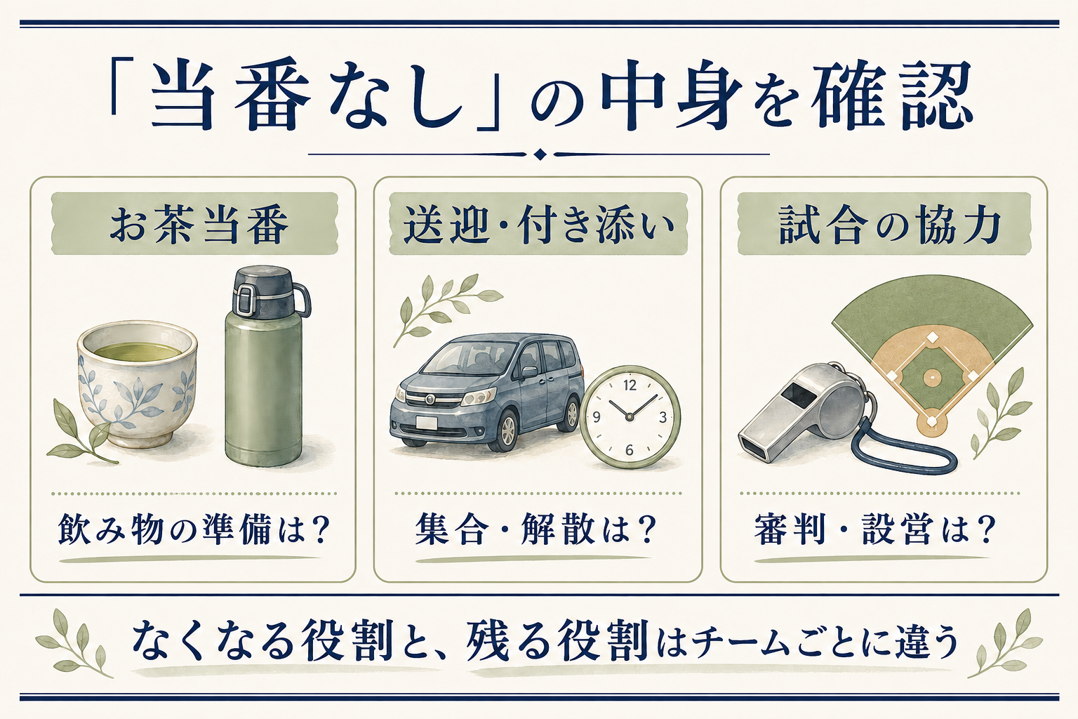 お茶当番、送迎と付き添い、試合協力を分けて確認する図解