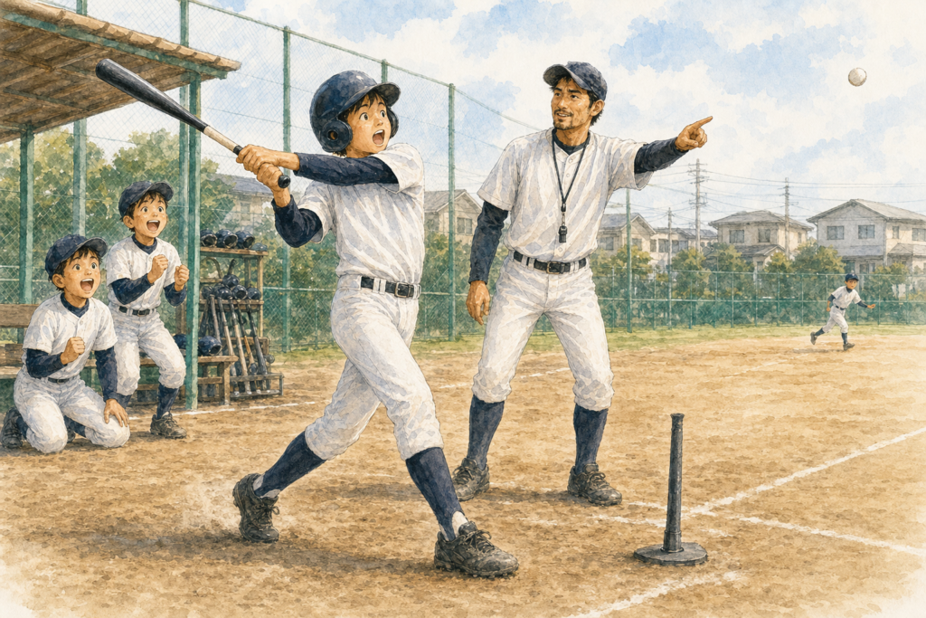軽くて長さのあるバットで初ヒットを打つ4・5年生の初心者