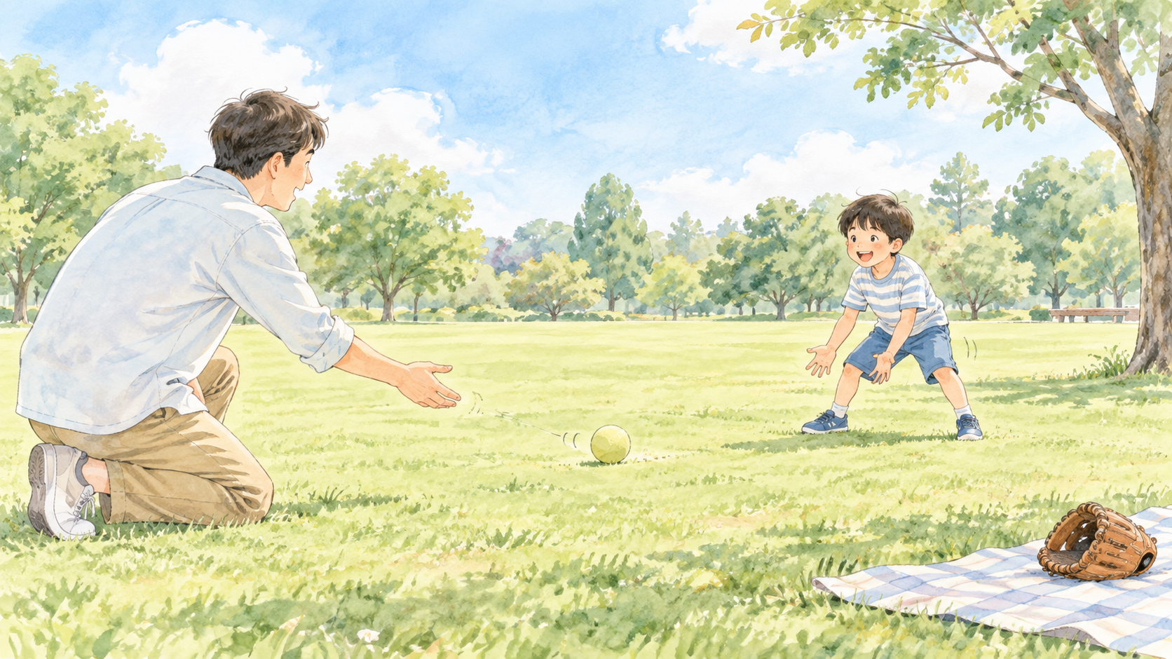 広い公園で保護者が小学生へ柔らかいボールを転がして野球遊びを始める軽やかな水彩イラスト