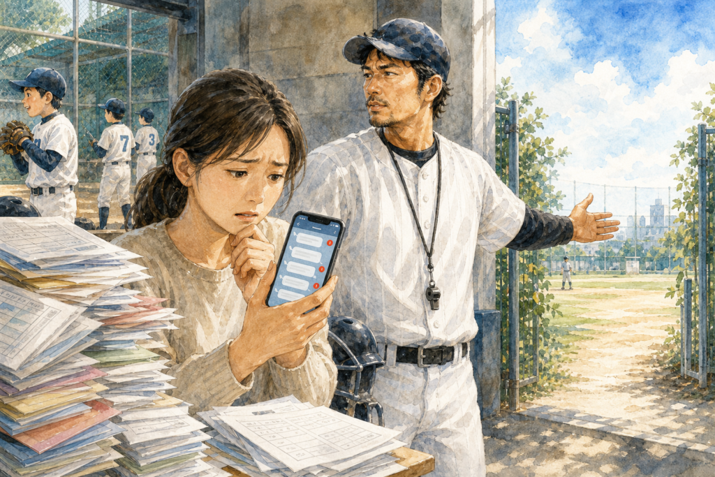 少年野球の保護者会の仕事と連絡に追われる母親へパパコーチが別の選択肢を示すイメージ