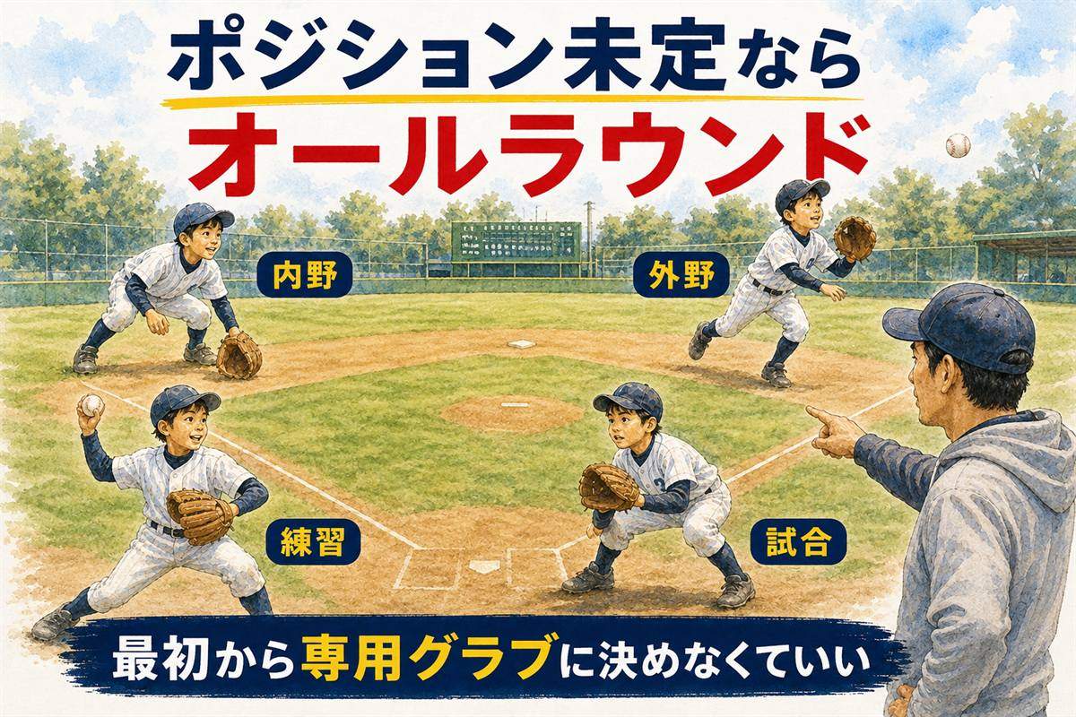 ポジションが決まっていない少年野球の初心者にはオールラウンドグローブが使いやすいことを示す図解