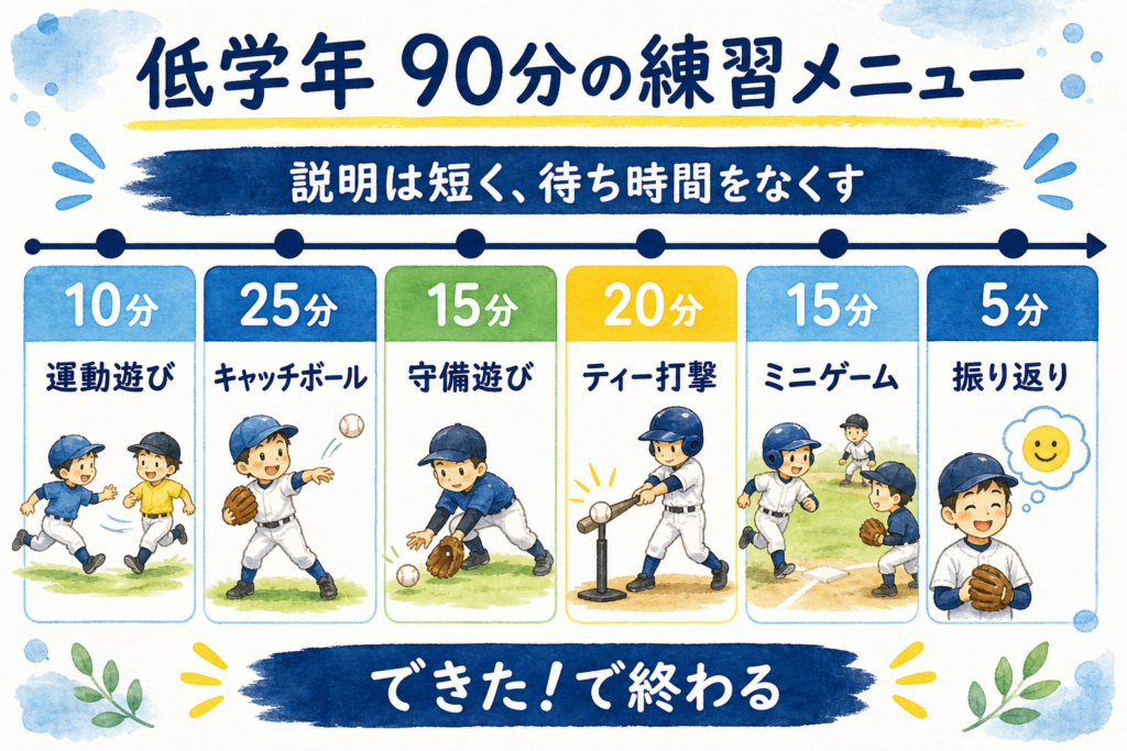 少年野球の低学年向け90分練習メニューの図解