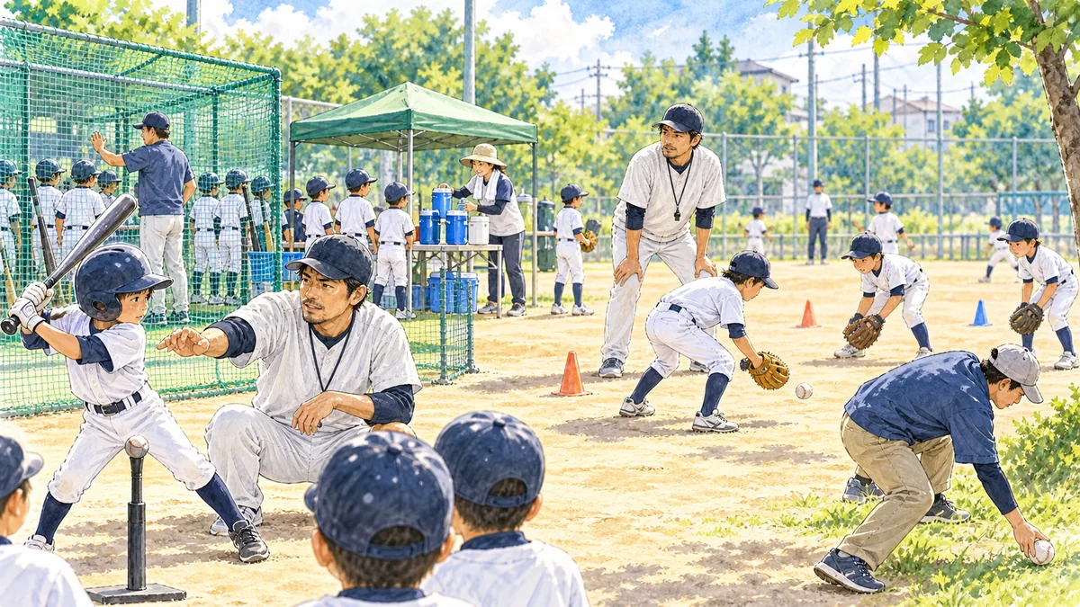 複数の大人が安全を見守りながら進める少年野球の練習