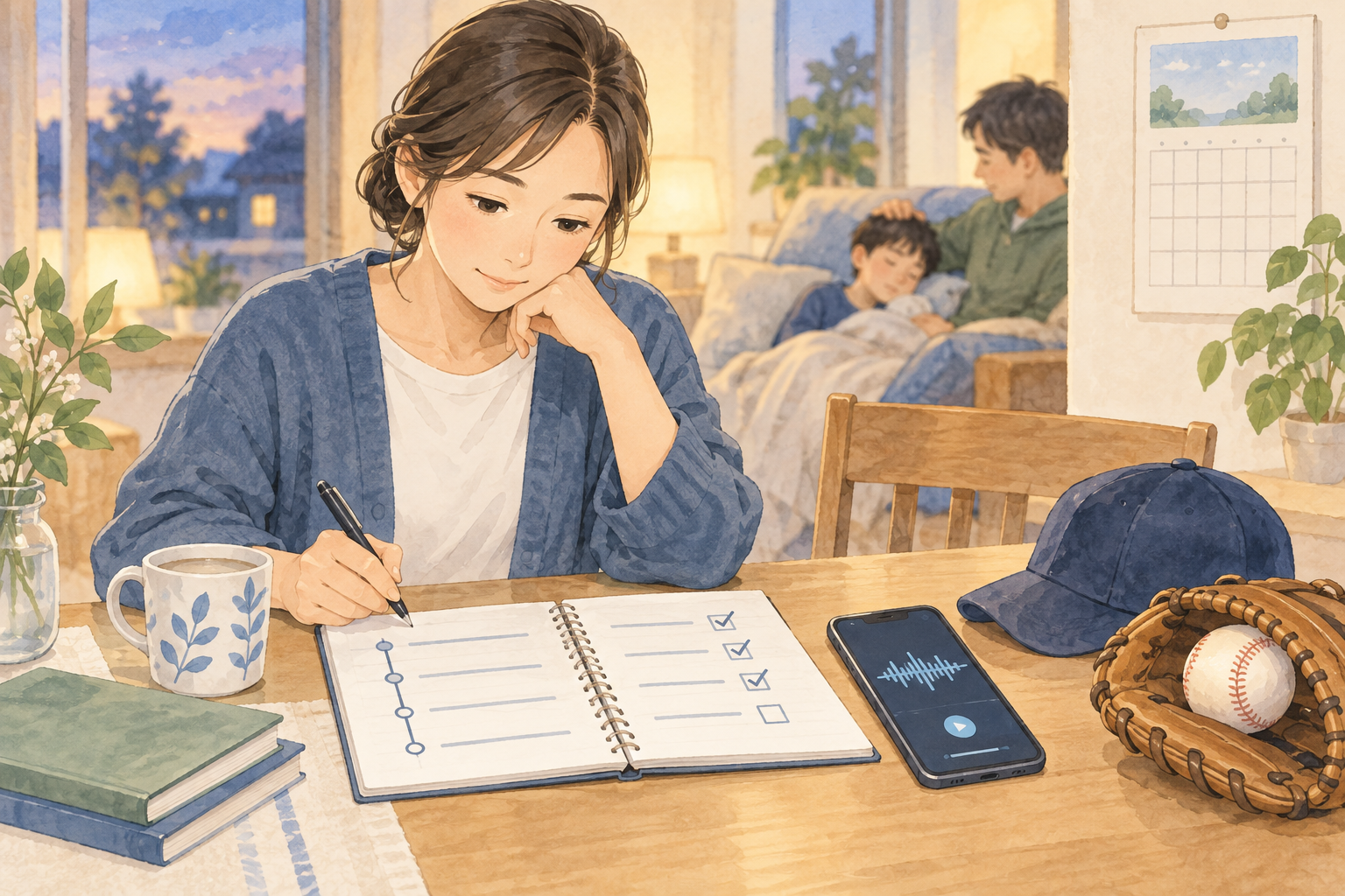 少年野球コーチの暴言について保護者が日時や状況を落ち着いて記録する水彩イラスト