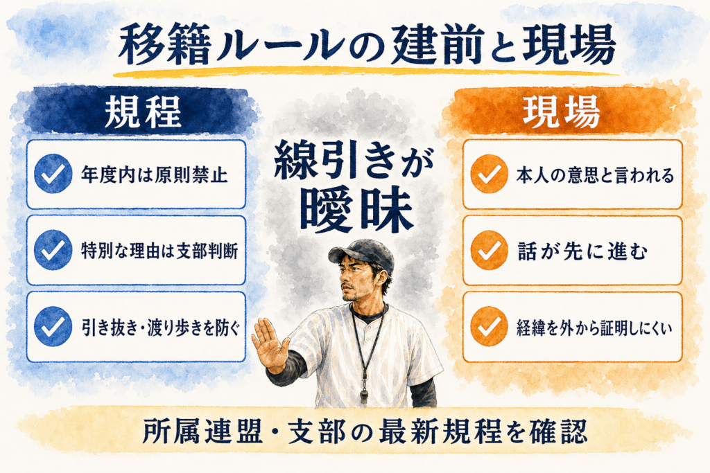 少年野球の移籍に関する規程と現場の違いを示す図解