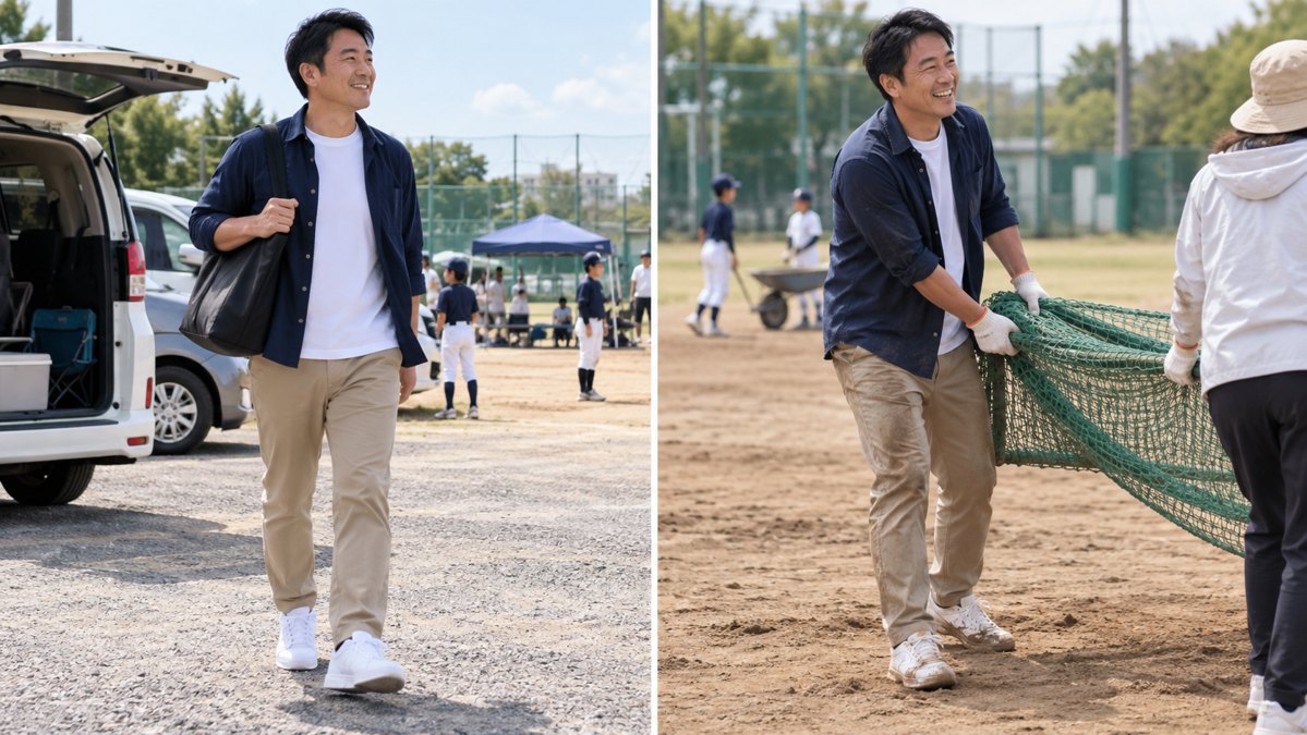 観戦前の服装と手伝い後の土汚れを比較したイメージ