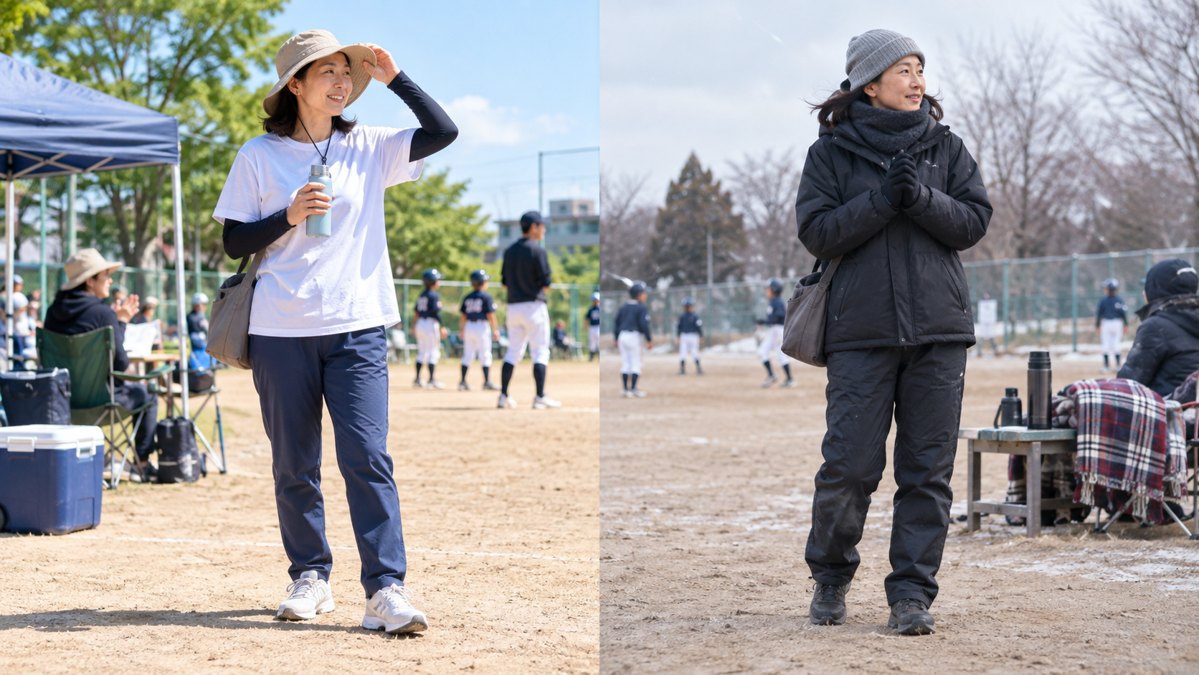夏と冬の少年野球観戦向け保護者コーデのイメージ