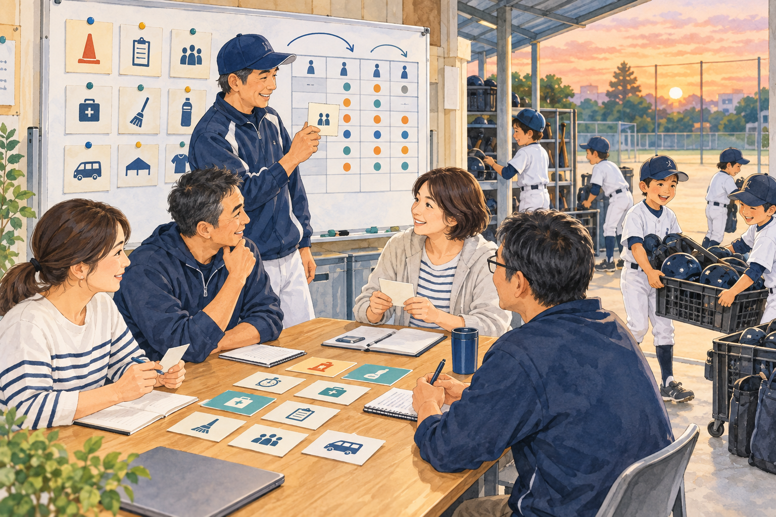少年野球の当番を細分化し交代制で分担する保護者とコーチの水彩イラスト