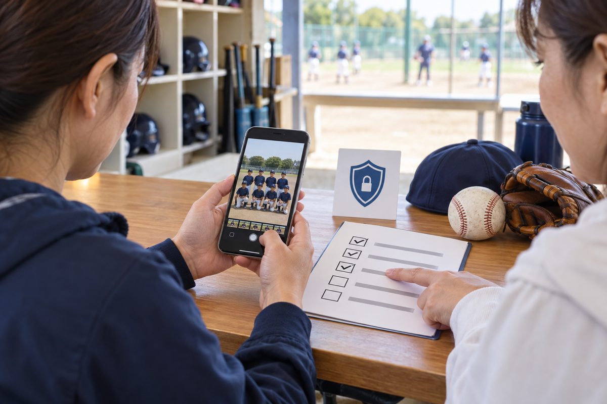 少年野球の写真をSNSへ投稿する前に同意を確認する保護者