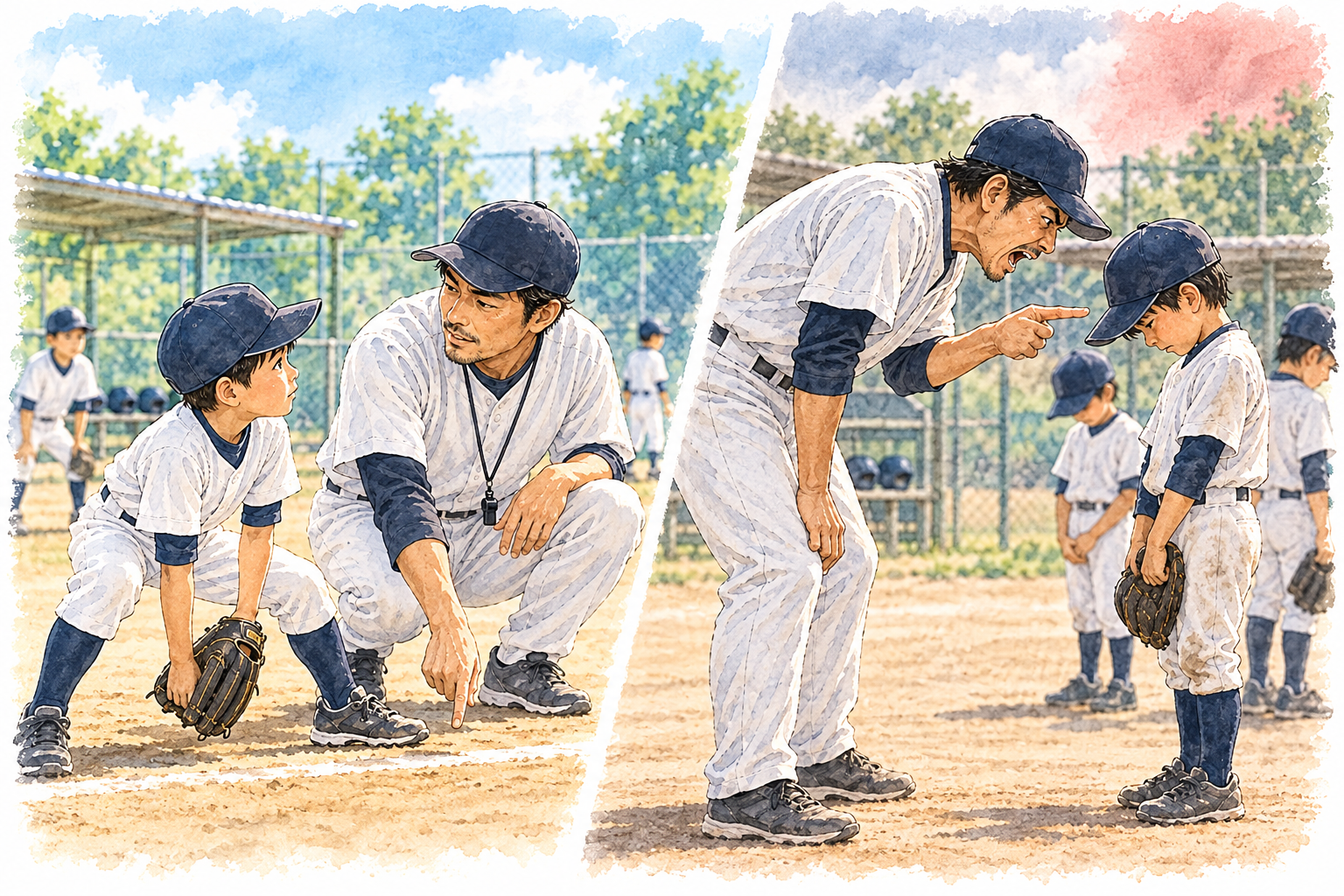 少年野球で具体的に教える指導と子どもを萎縮させる暴言を対比した水彩イラスト
