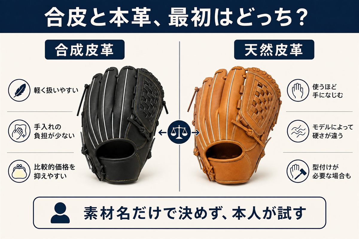 初心者用グローブの合成皮革と天然皮革の違いを比較した図解