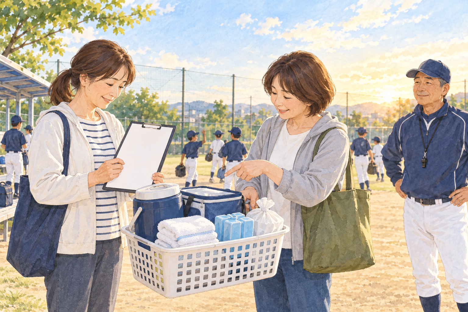 少年野球のお茶当番が終了後に共有バッグと備品を次の保護者へ引き継ぐ水彩イラスト