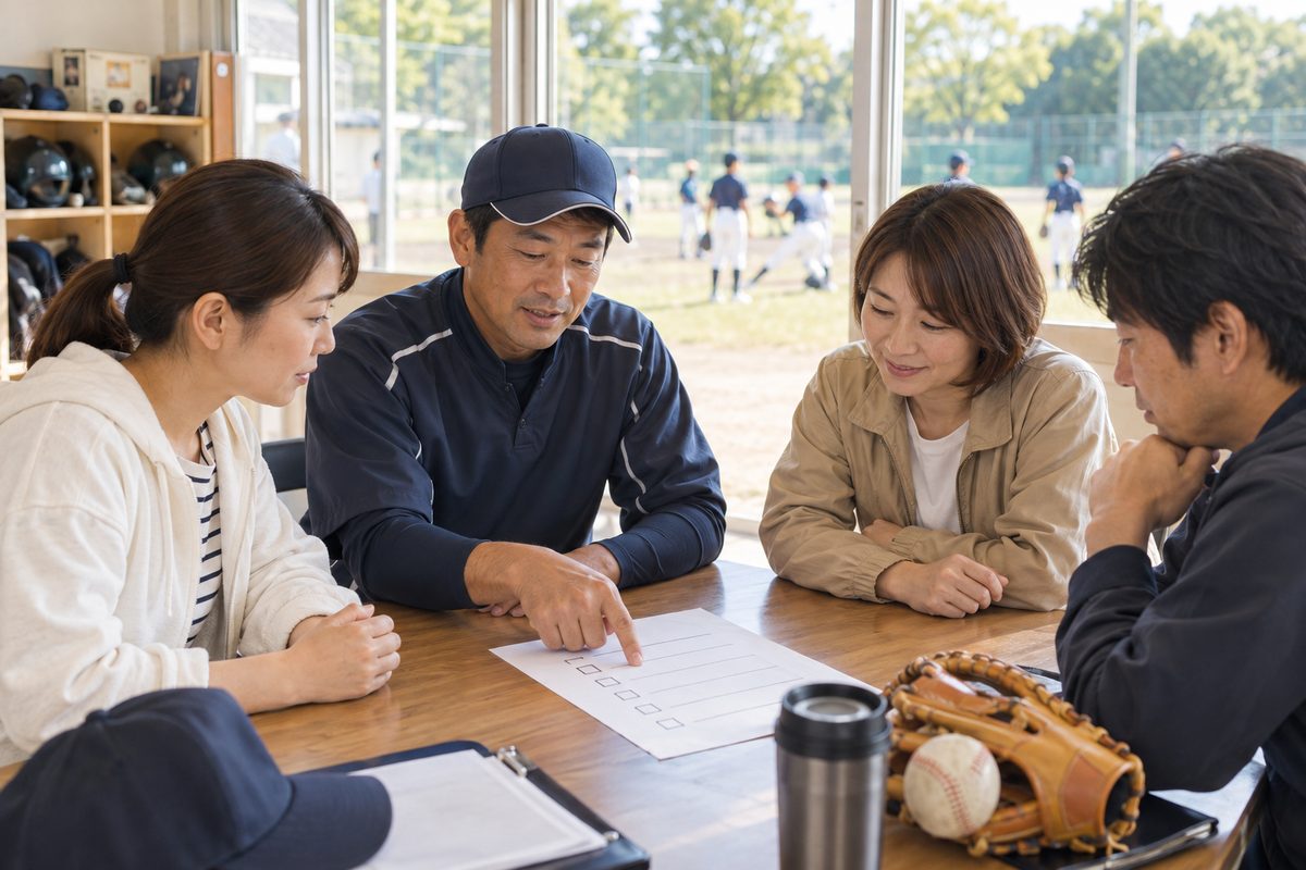 少年野球チームの指導者と保護者が規約を話し合う様子