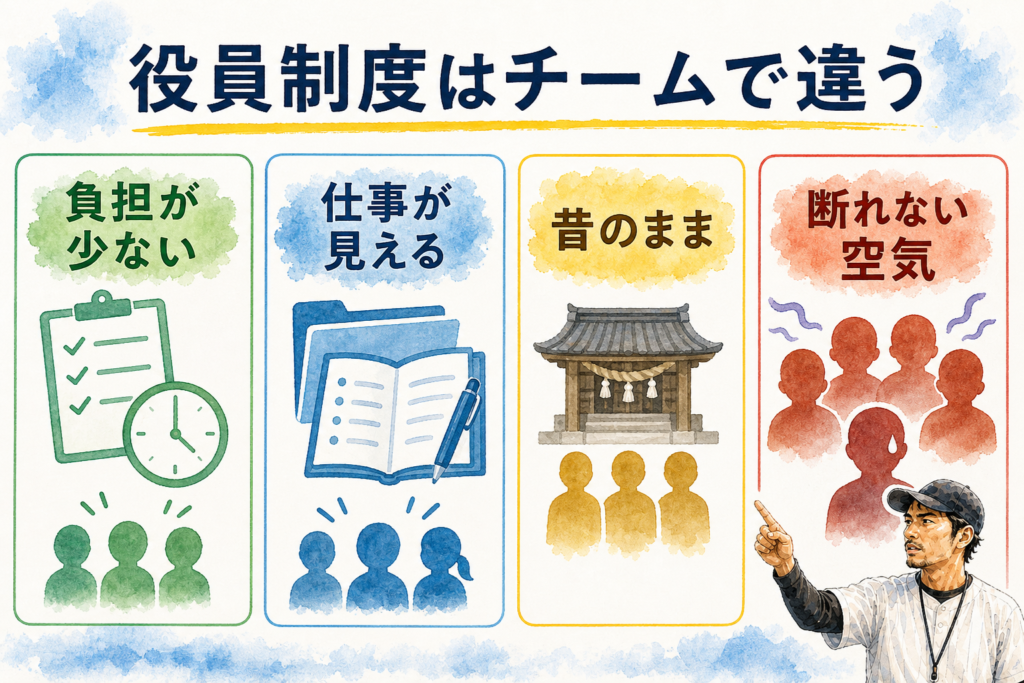少年野球の役員制度がチームによって大きく違うことを示す図解