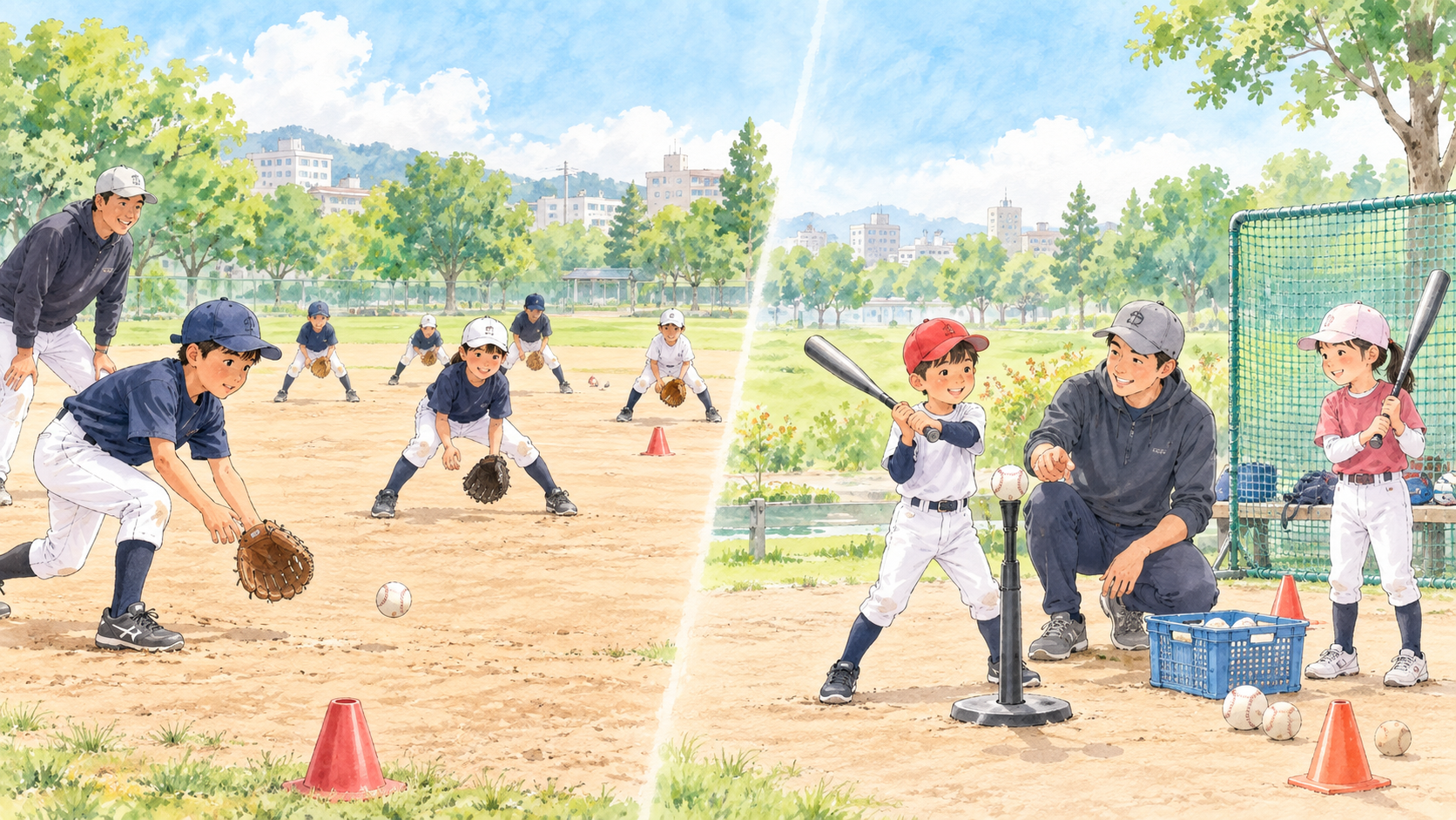 少年野球チームの集団練習と少人数の野球教室を左右に分けて比較する明るい水彩イラスト