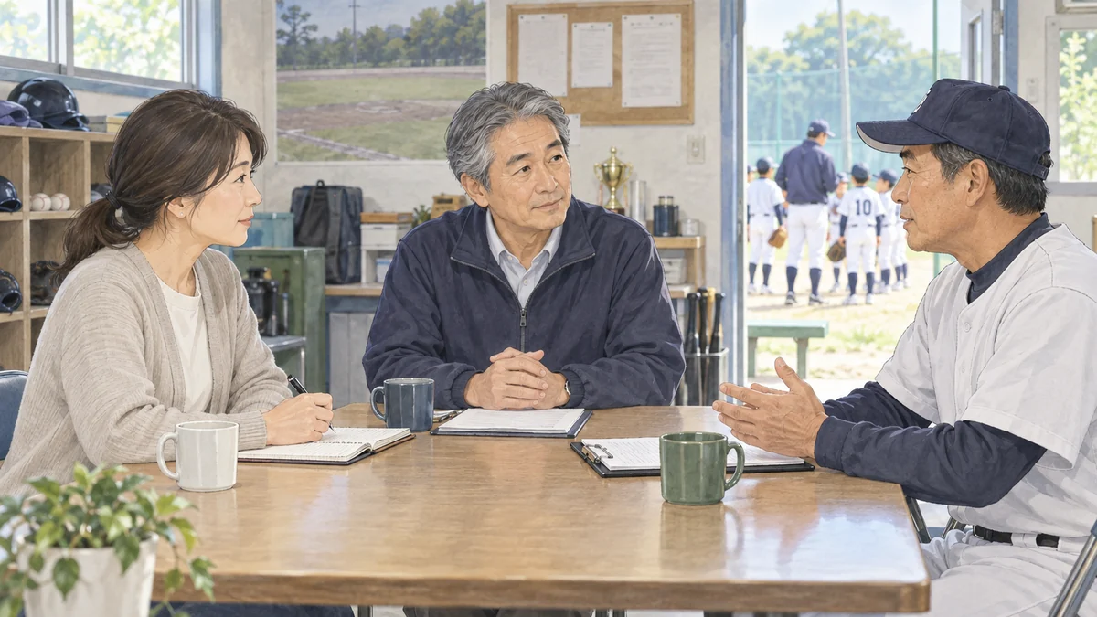 少年野球の問題を親とコーチとチーム責任者の三者で話し合う様子
