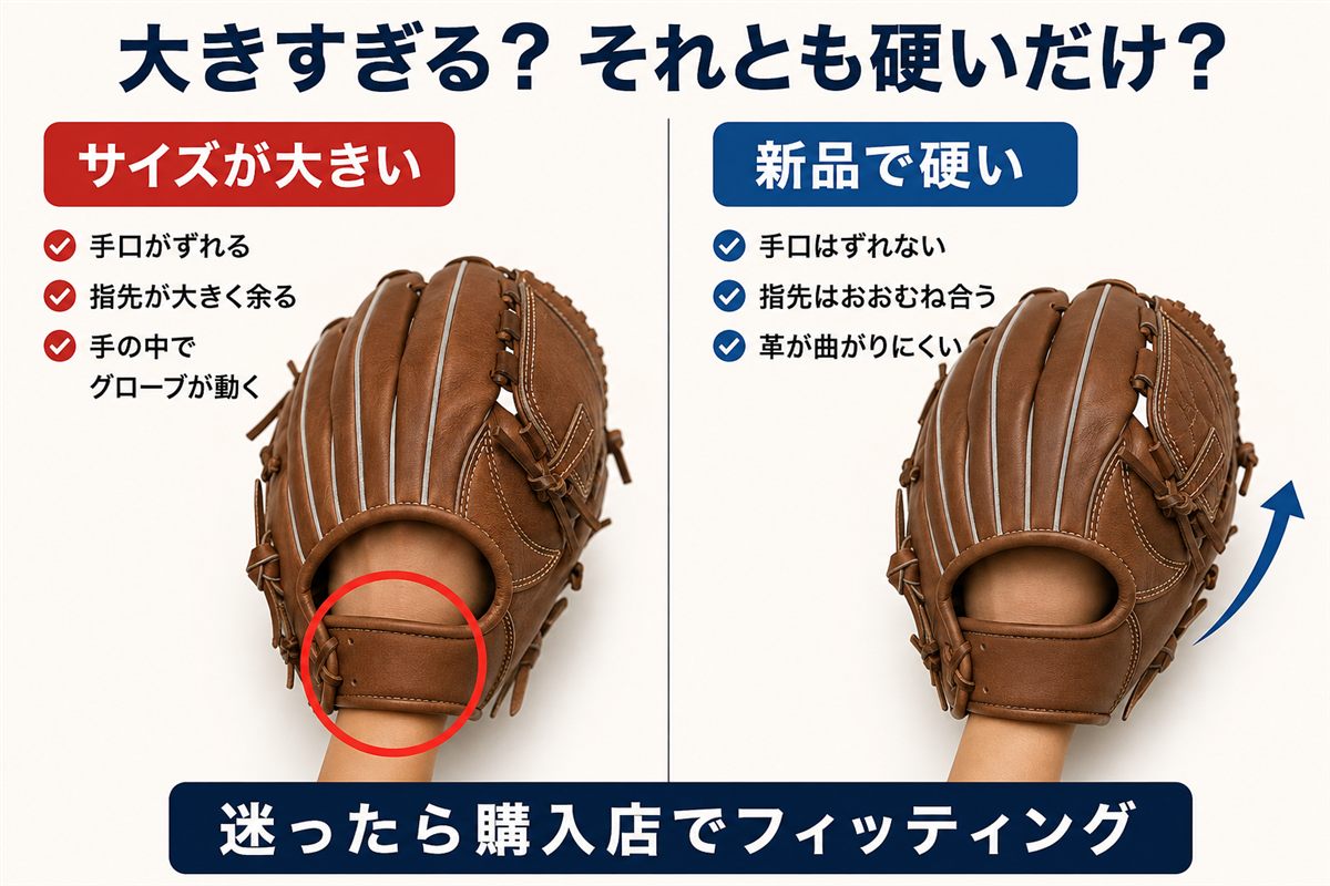 少年野球のグローブが大きすぎる場合と新品で硬いだけの場合の違いを比較した図解