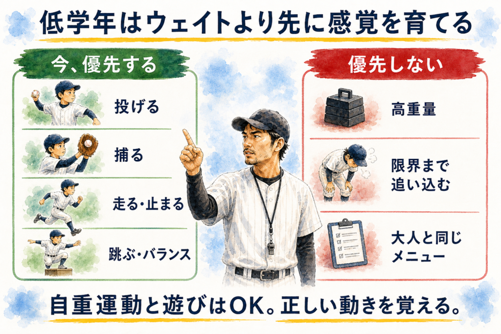 少年野球の低学年でウェイトより先に育てたい運動感覚の図解