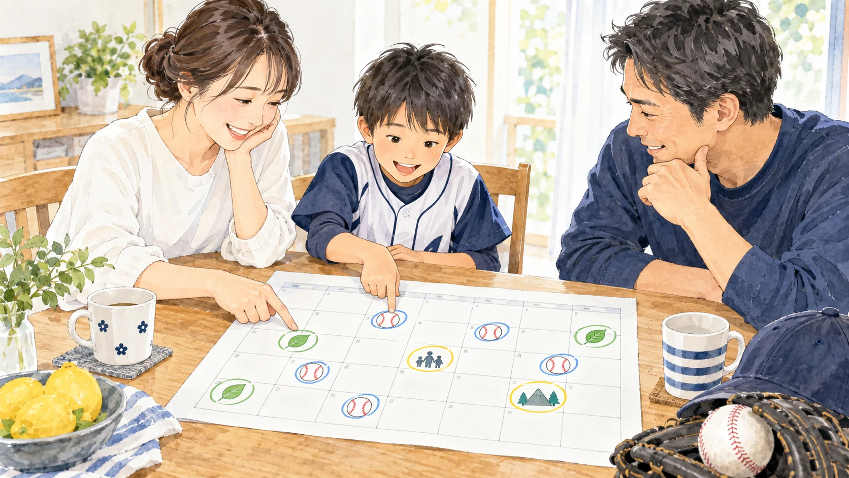 少年野球と家族の予定を一緒にカレンダーで相談する水彩イラスト