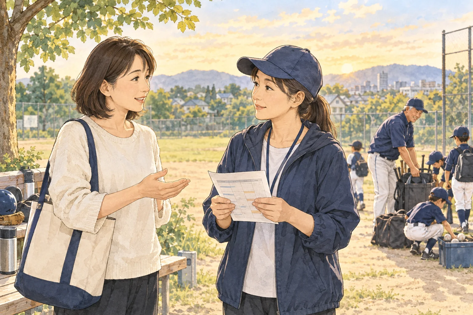 少年野球の練習後に母親が担当者へ落ち着いて相談する水彩イラスト