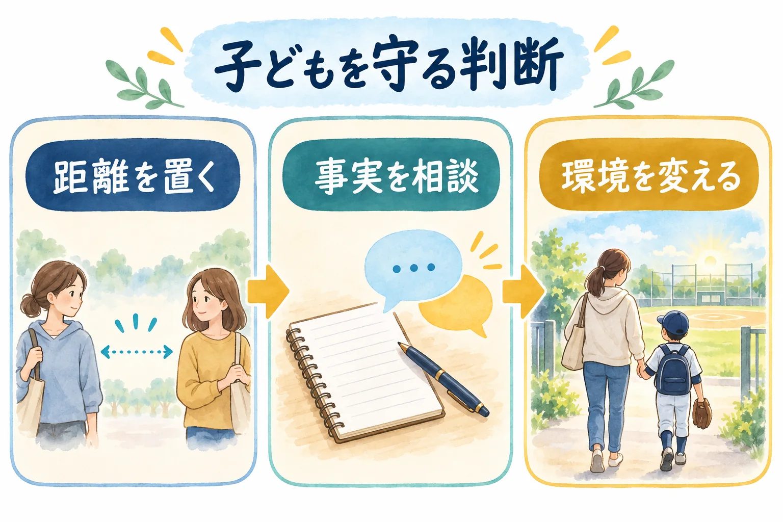 少年野球ママの人間関係で距離を置く、事実を相談する、環境を変えるの三段階を示す図解