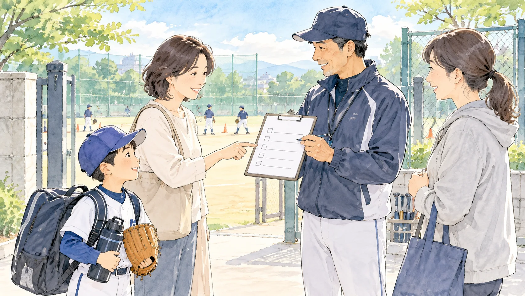 少年野球の集合時に母親が指導者と保護者へ安全な引き渡しを確認する水彩イラスト