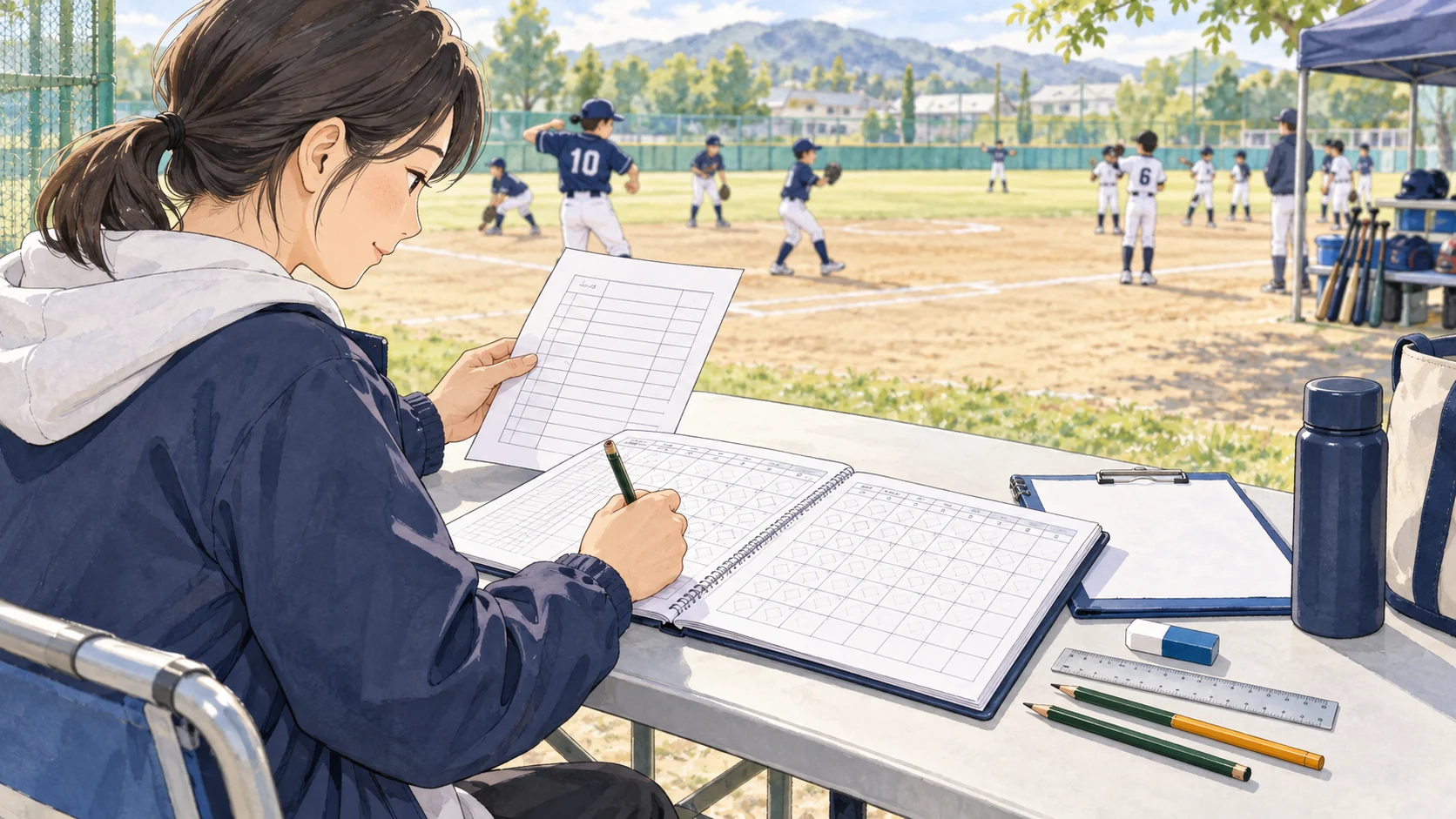 少年野球のスコア係が試合前にメンバー表と筆記具を準備する水彩イラスト