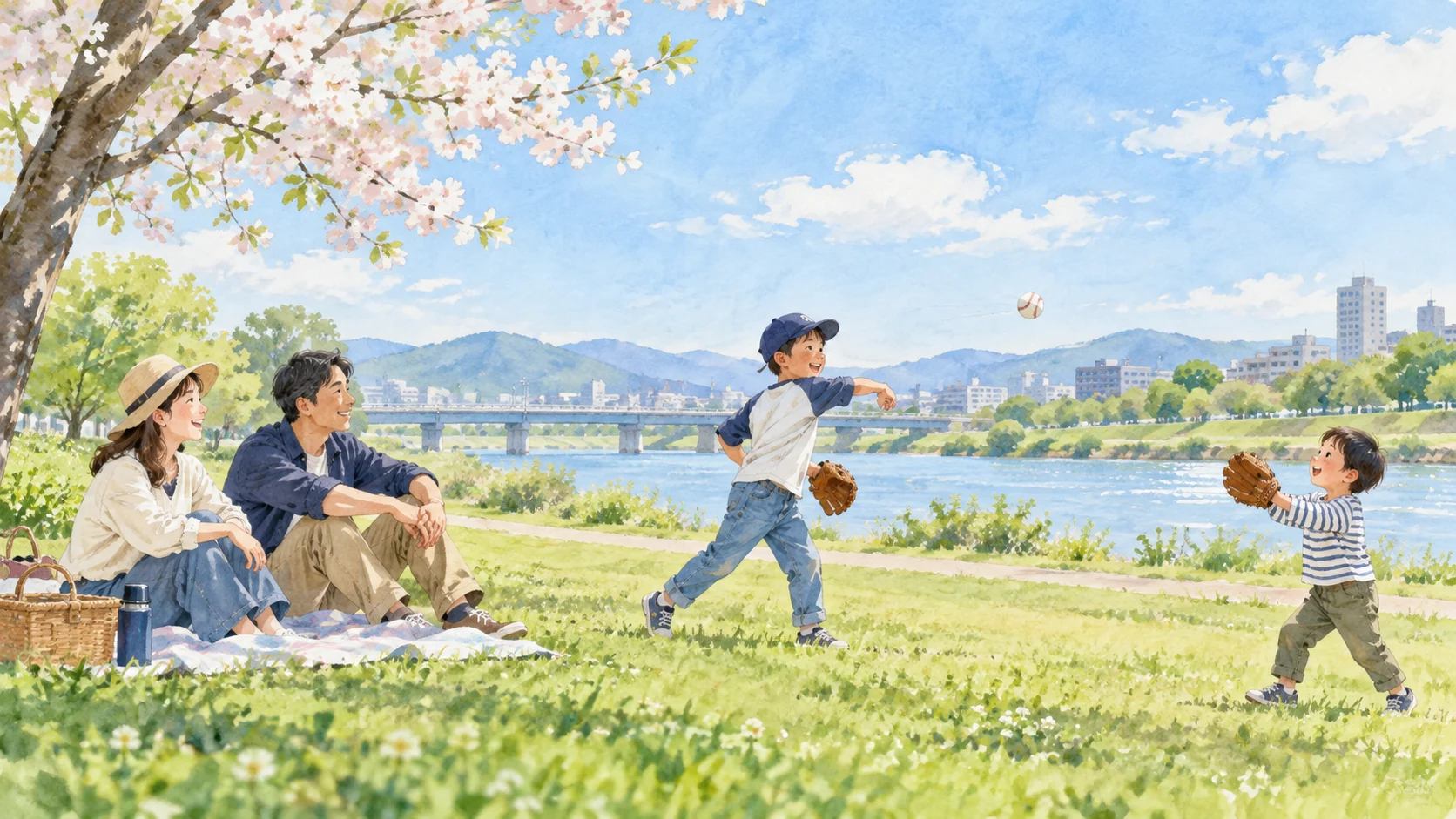 少年野球のない午後に河川敷で家族がゆっくり過ごす水彩イラスト