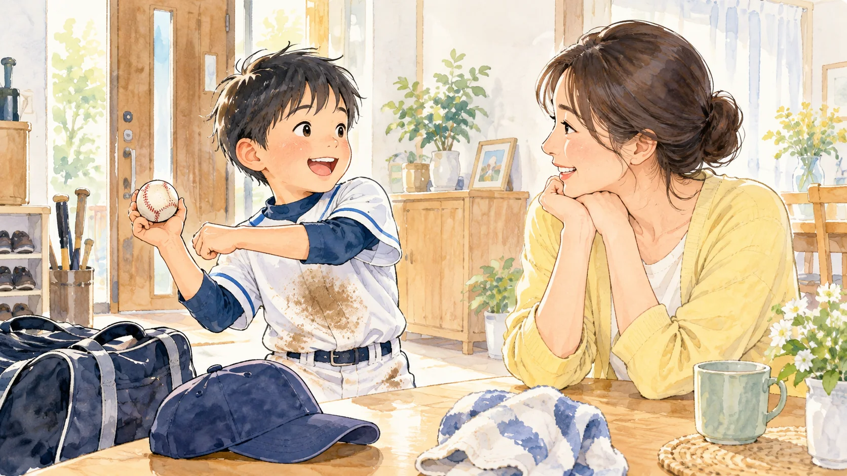 試合から帰った少年野球の子どもの話を笑顔で聞く母親の水彩イラスト