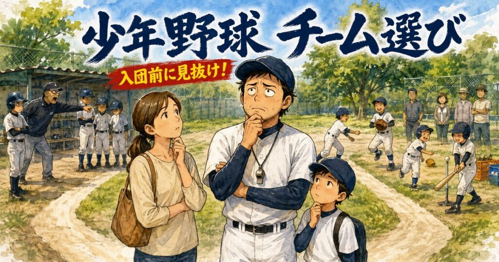 少年野球チームの選び方を家族とパパコーチが二つのチームを比較しながら考えるアイキャッチ