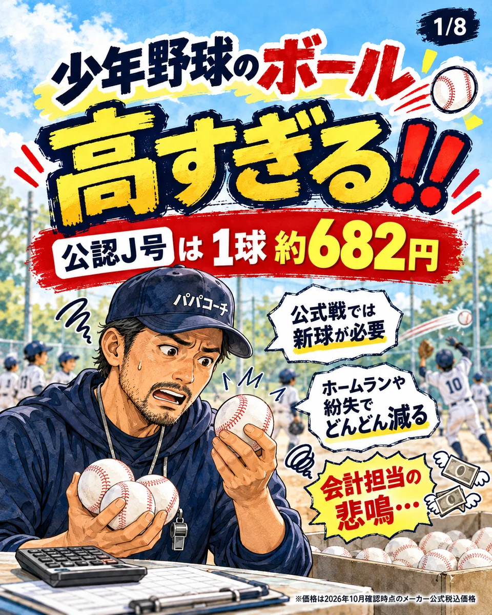 少年野球の公認J号が1球約682円になり会計を心配するパパコーチ