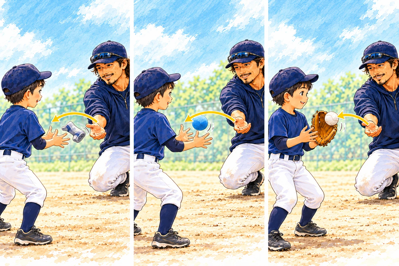 パパコーチから丸めた靴下、スポンジ球、柔らかい練習球を順に受ける子どものイラスト