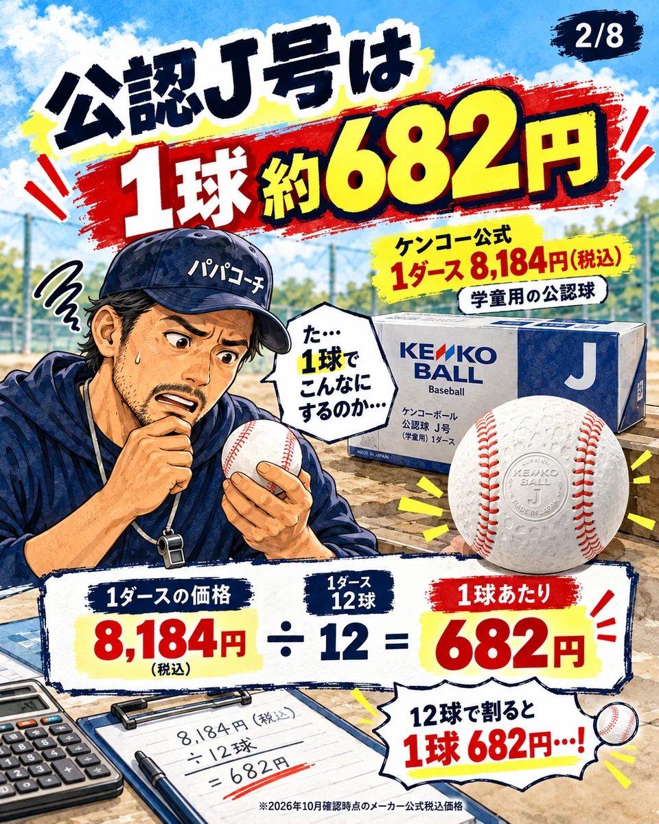 ケンコーボール公認J号1ダース8184円を12球で割ると1球682円になる計算