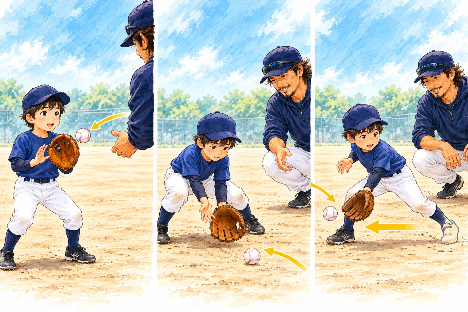 胸の正面、体より前の低い位置、左右へ一歩の3場面で捕る子どものイラスト