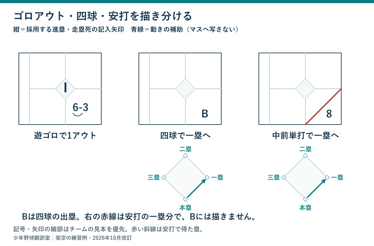 遊ゴロの6-3と中央Ⅰ、四球のB、中前単打の8と赤い安打線を比較し、四球と安打の一塁への動きを青緑の補助矢印で示した図