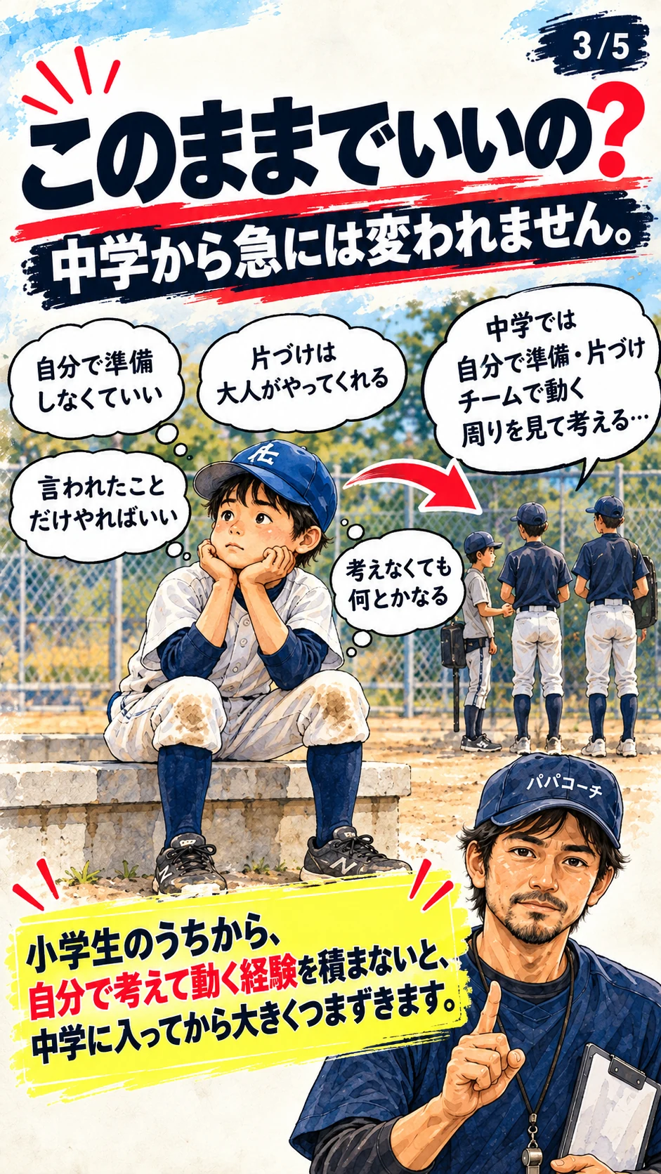 親任せの準備から、自分で準備や片づけをする中学野球への変化を考えるイラスト