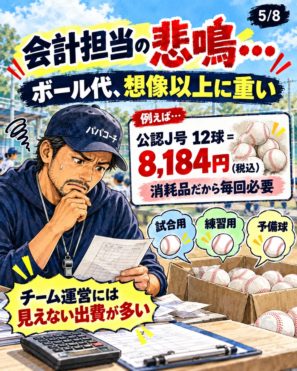 少年野球チームで試合用・練習用・予備球の費用を計算する会計担当