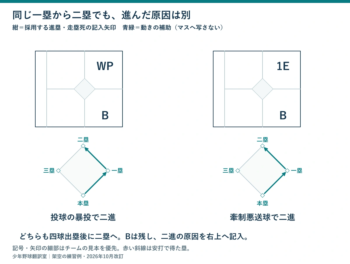 四球Bを残し、投球の暴投で二進したWPと、投手の牽制悪送球で二進した1Eを比較。下のダイヤモンドで走者の動きを示す図
