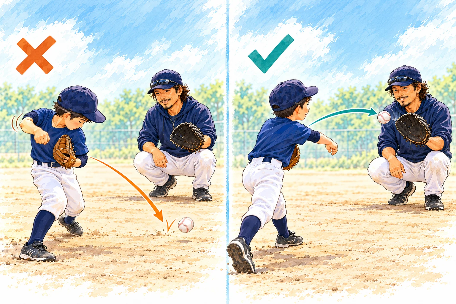 目標を見ずに急いだ送球と、相手のグローブを見て一歩踏み出す送球を比べたイラスト