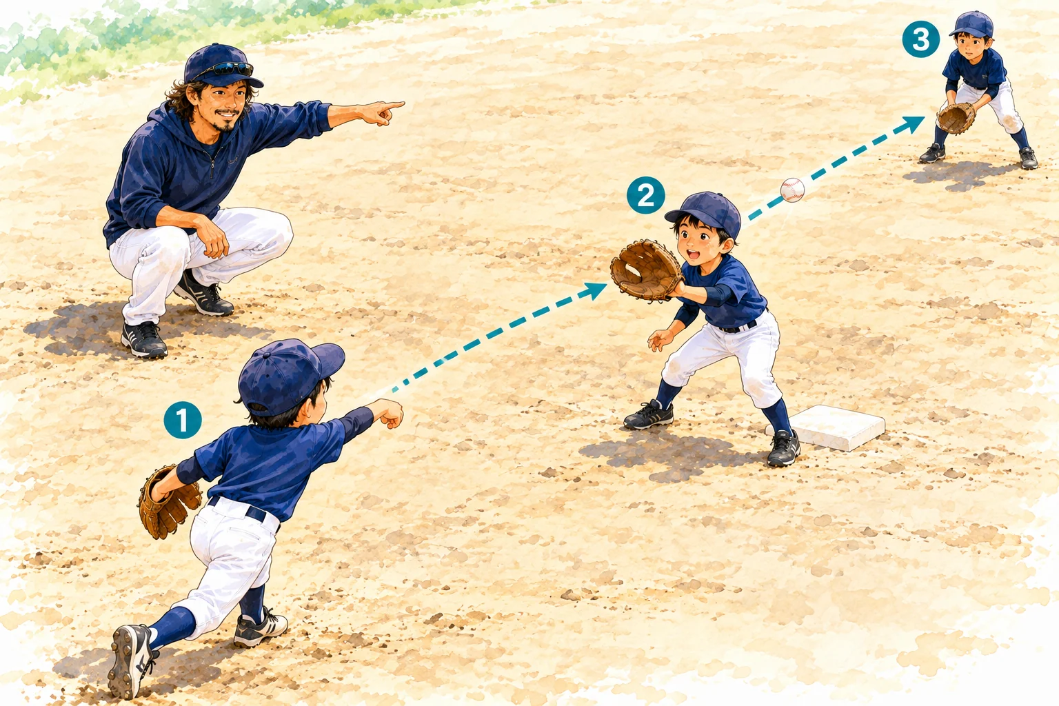 投げる子、受ける子、その後ろでそれた球を止める子の3人カバー練習のイラスト