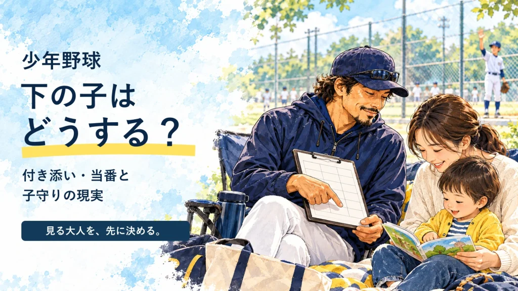 少年野球の下の子の付き添いと当番を親子で相談する、元の人物像に統一したパパコーチ