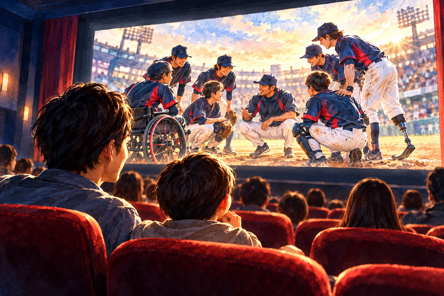 親子が映画館で身体障害者野球チームの物語を観る水彩イラスト