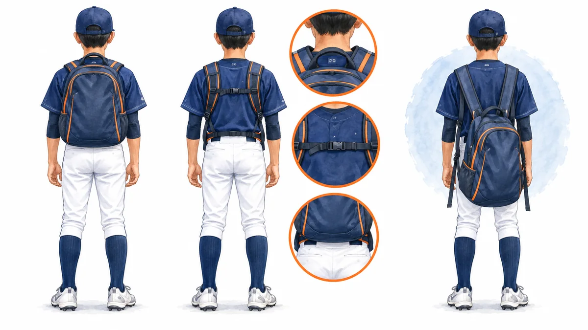 少年野球リュックの肩ひもとチェストベルトを確認する図解