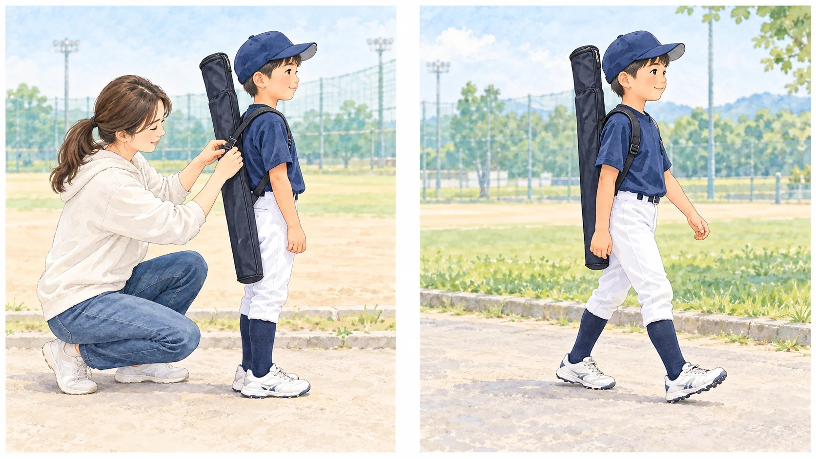親が子どもの肩ベルトを調整し、子どもがケースの下端や揺れを確認しながら歩く二場面の図