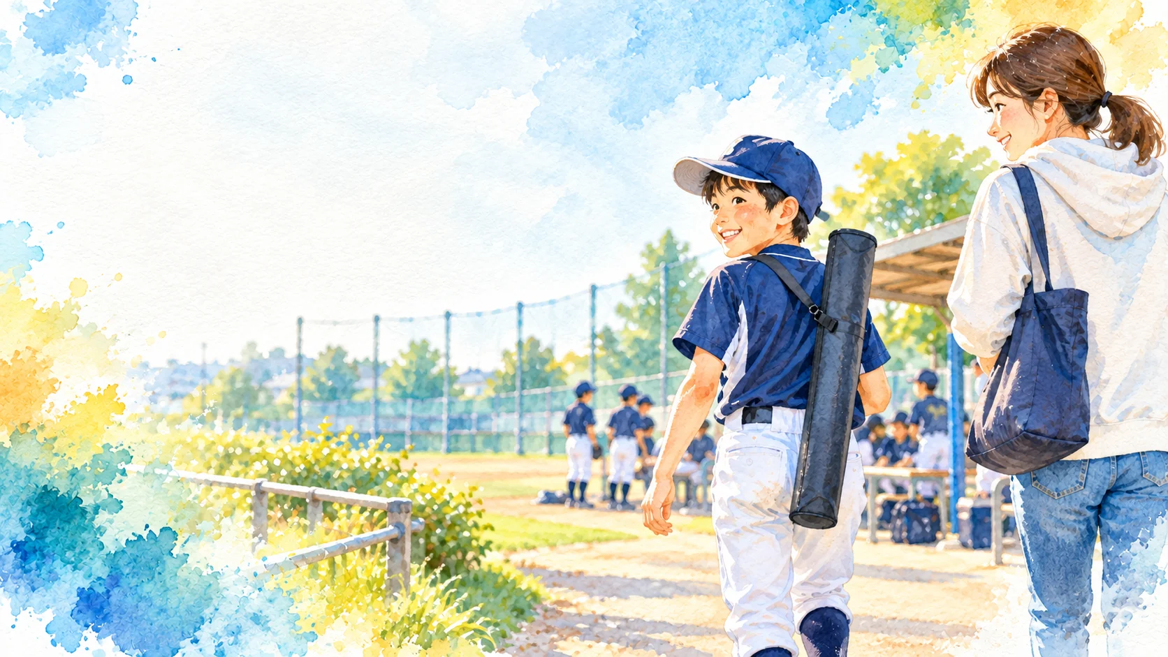 閉じたバットケースを体の近くへ掛けた少年が、保護者と野球場へ歩く水彩イラスト