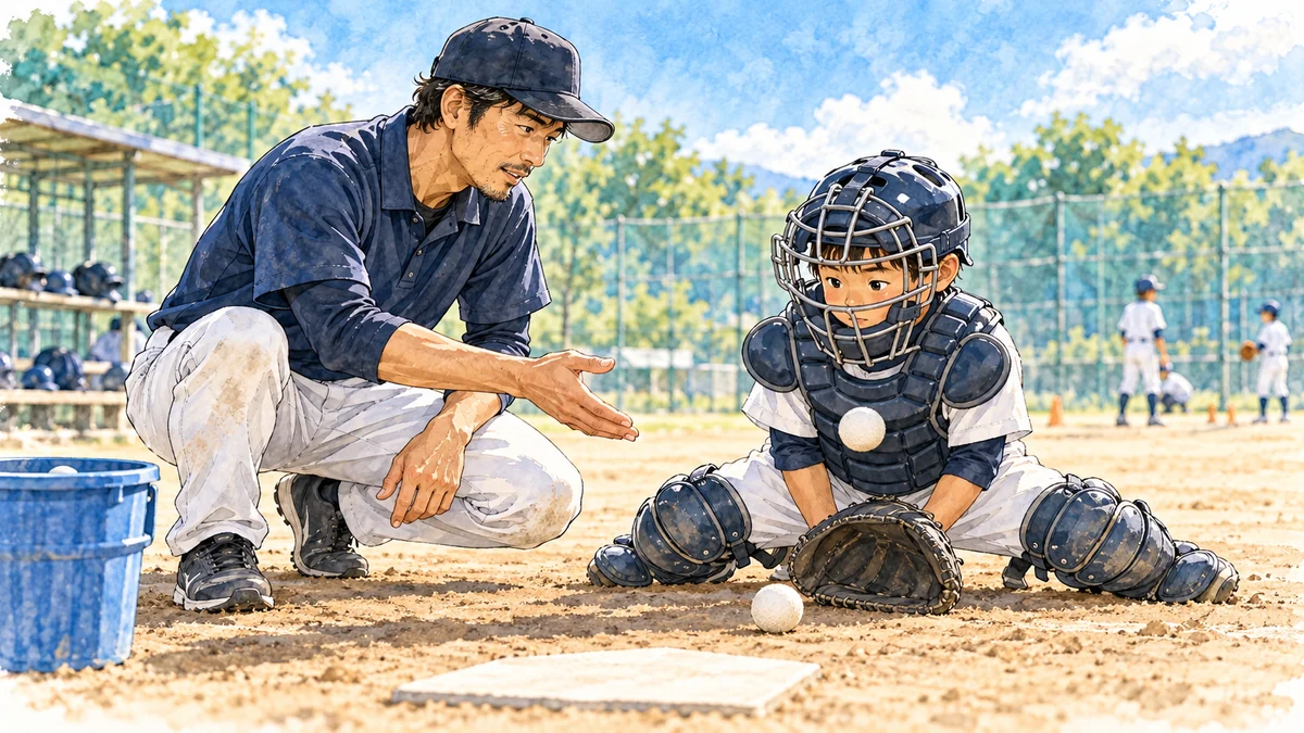 パパコーチが少年野球の第2捕手へ柔らかい球でブロッキングを教える水彩イラスト